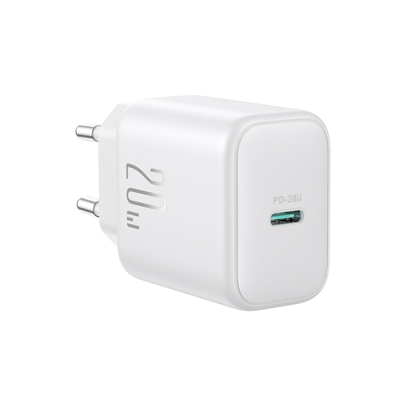 Biała ładowarka sieciowa z dwoma metalowymi bolcami i portem USB-C oznaczonym jako \'PD-20W\'. Na boku widoczny jest napis \'20W\'.