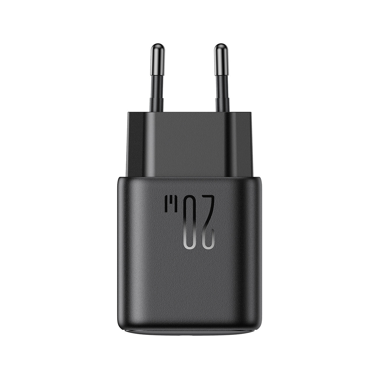 Czarna ładowarka sieciowa z dwoma bolcami i oznaczeniem \'20W\' na obudowie.