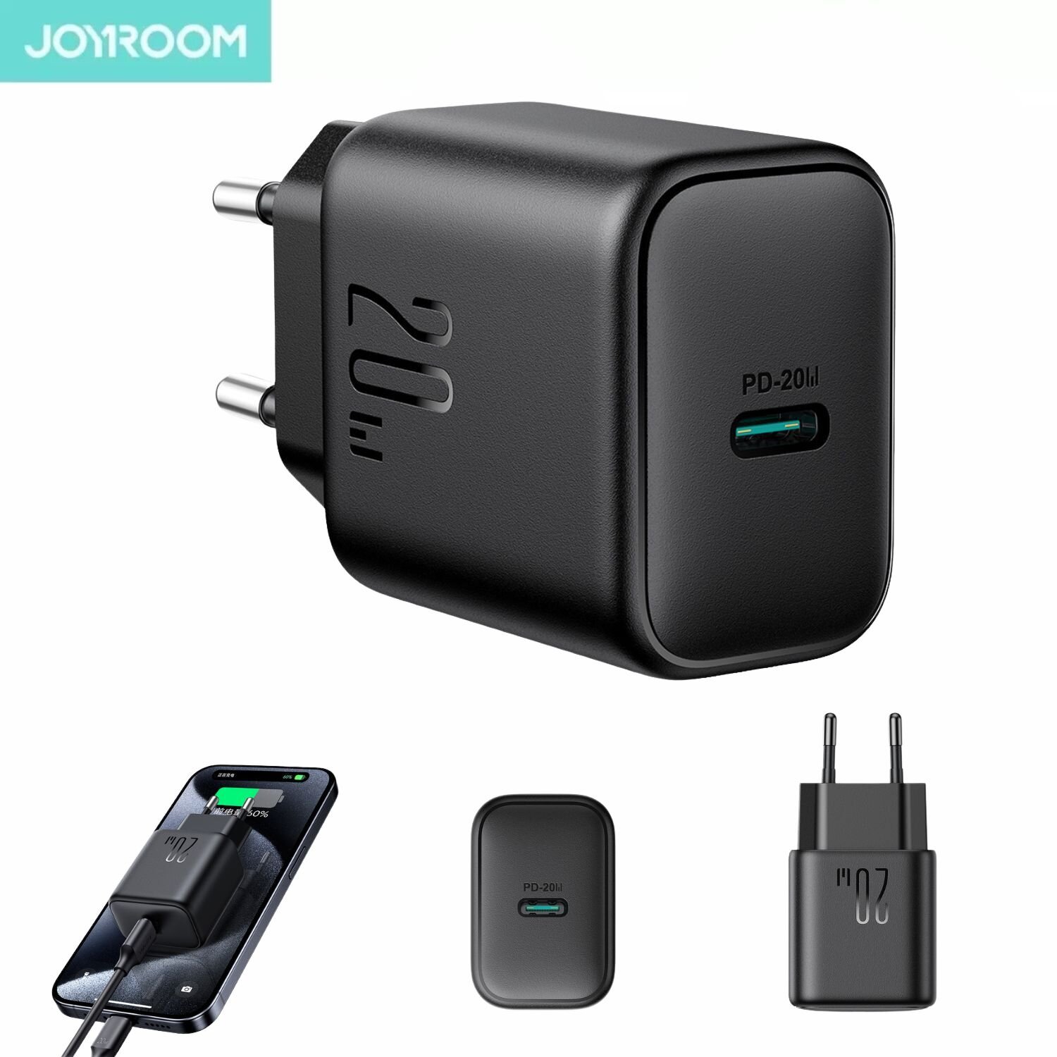 Czarna ładowarka USB-C z oznaczeniem \'PD-20W\' i logo \'JOYROOM\'. Widoczne są różne ujęcia ładowarki oraz telefon z podłączonym kablem.