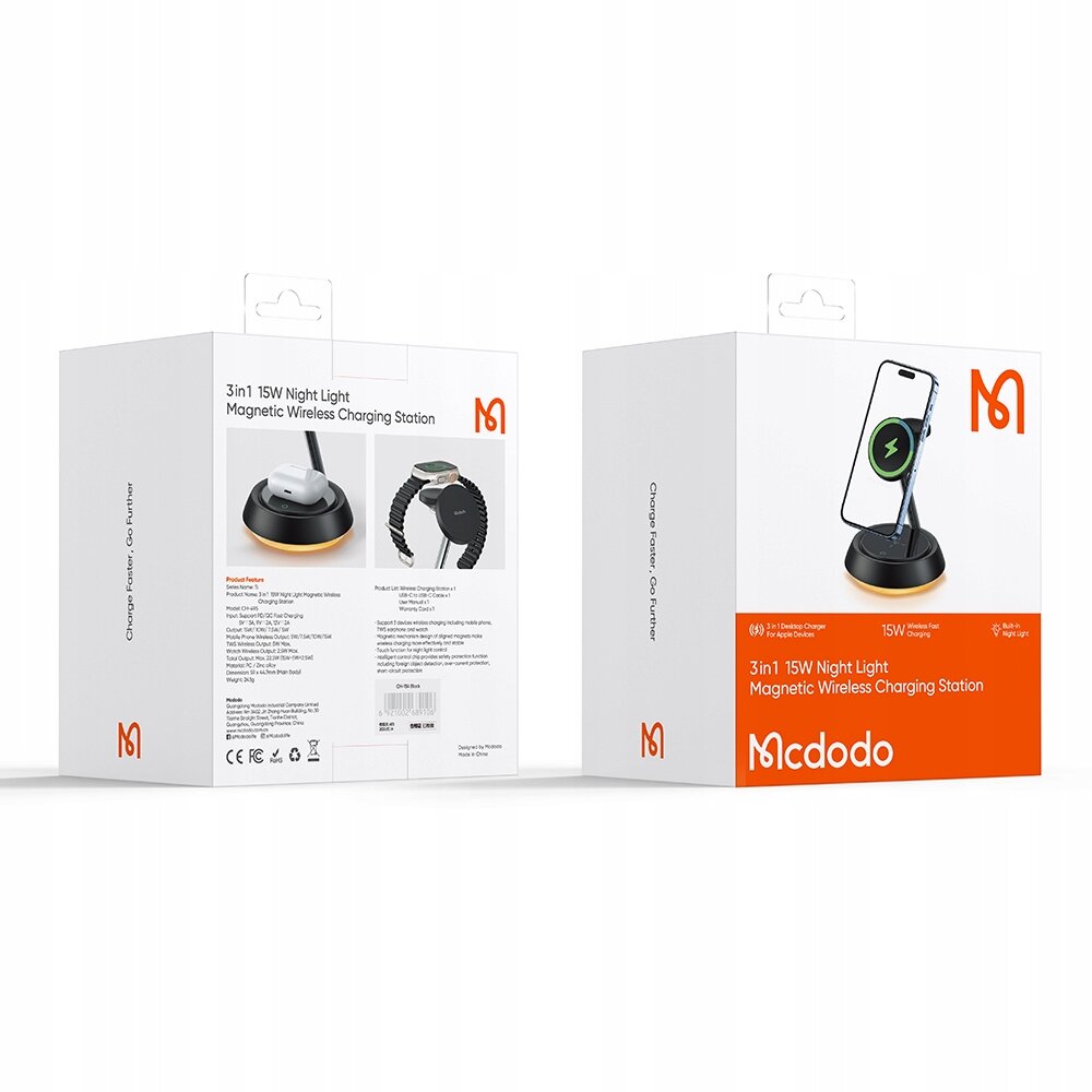 Opakowanie produktu Mcdodo z napisem \'3in1 15W Night Light Magnetic Wireless Charging Station\'. Na opakowaniu widoczne są zdjęcia ładowarki z telefonem i zegarkiem oraz logo Mcdodo.