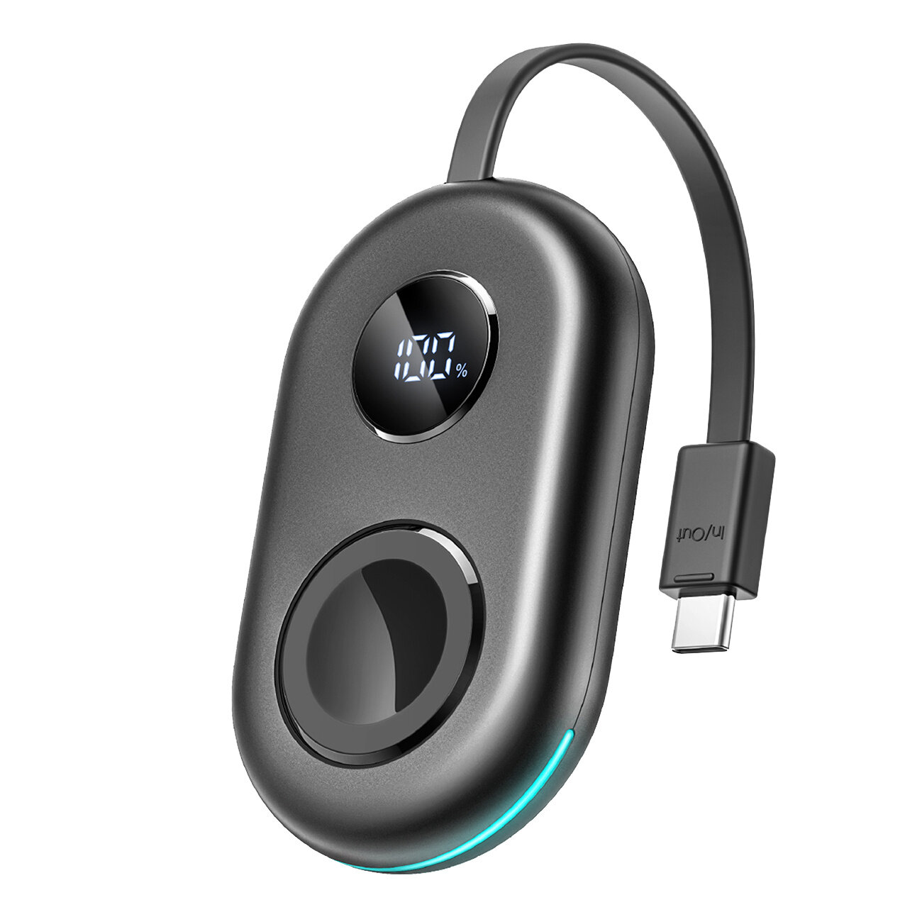 Czarna ładowarka z wyświetlaczem pokazującym \'100%\' oraz kablem z końcówką USB-C. Na kablu widoczny jest napis \'in/out\'.