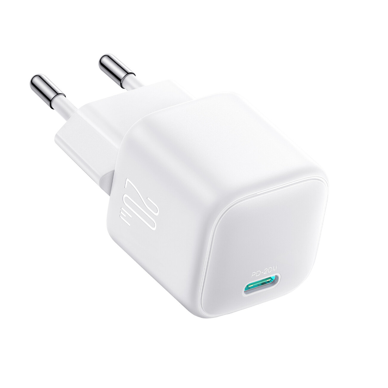 Biała ładowarka sieciowa z dwoma metalowymi bolcami i napisem \'20W\' na boku. Na froncie widoczny jest port USB-C z oznaczeniem \'PD-20W\'.