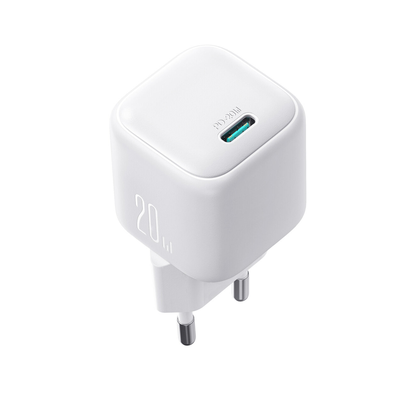 Biała ładowarka sieciowa z napisem \'20W\' na boku i portem oznaczonym \'PD 20W\' na górze. Posiada dwa metalowe bolce do podłączenia do gniazdka.