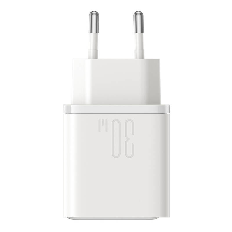 Biała ładowarka sieciowa z dwoma metalowymi bolcami i oznaczeniem \'30W\' na obudowie.