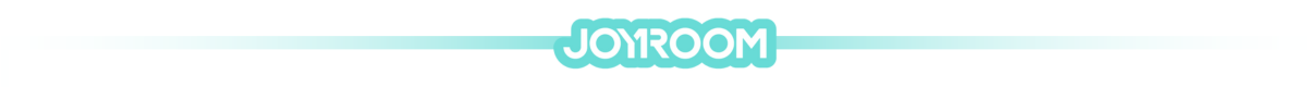 Logo z napisem \'JOYROOM\' w kolorze miętowym na białym tle, z efektem gradientu po bokach.
