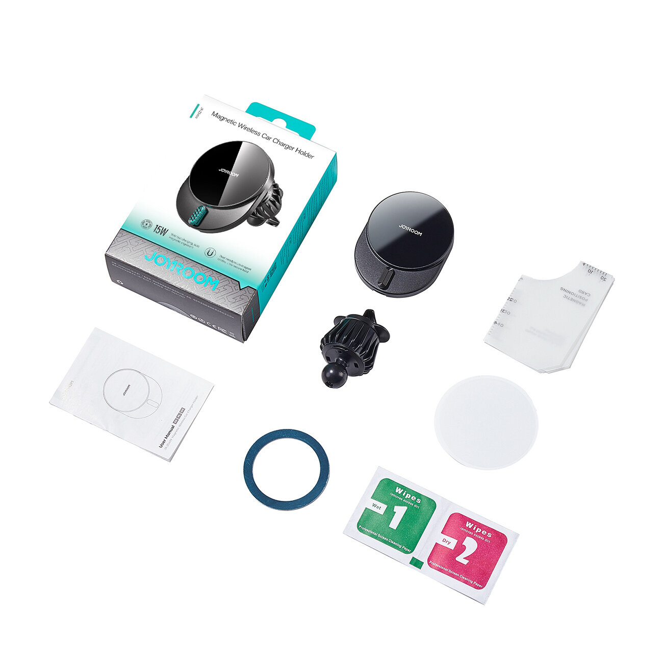 Na obrazie znajduje się zestaw akcesoriów do ładowarki samochodowej, w tym okrągła ładowarka, uchwyt, pierścień, instrukcja oraz opakowanie z napisem \'Magnetic Wireless Car Charger Holder\'. Widoczne są również dwie saszetki z napisem \'Wipes 1\' i \'Wipes 2\'.