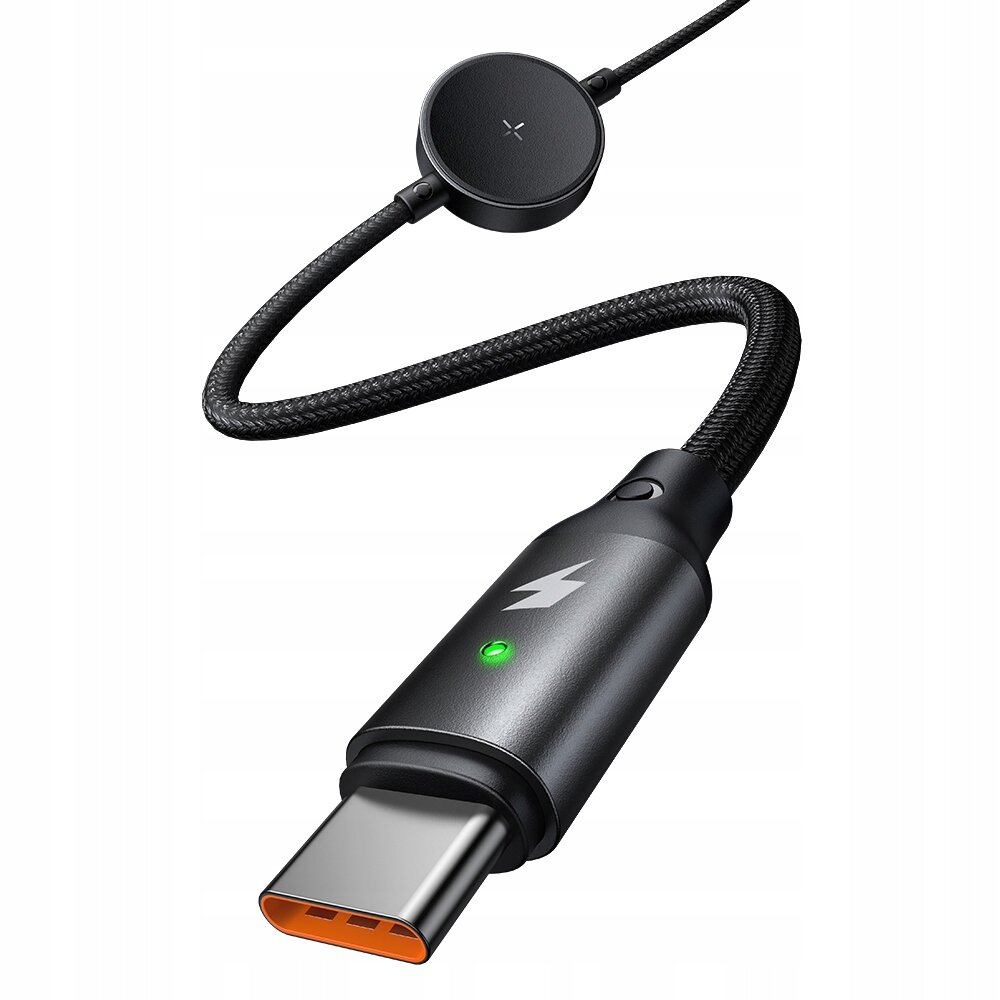 Na obrazie widoczny jest kabel USB-C z plecionym oplotem, zakończony okrągłą ładowarką indukcyjną. Na wtyczce znajduje się symbol błyskawicy oraz zielona dioda.