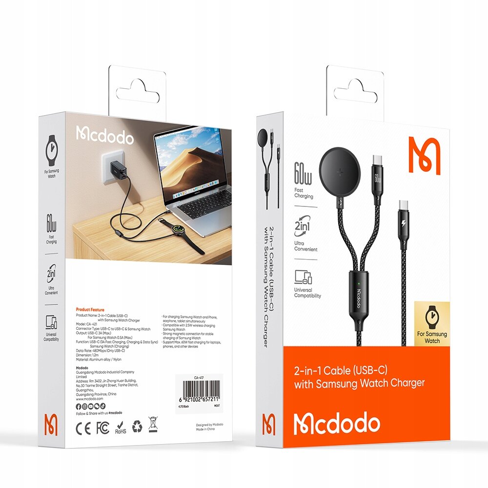 Opakowanie produktu Mcdodo z ładowarką indukcyjną do Apple Watch i kablem USB-C. Widoczne są informacje o szybkim ładowaniu 60W, kompatybilności z Apple Watch oraz logo Mcdodo.