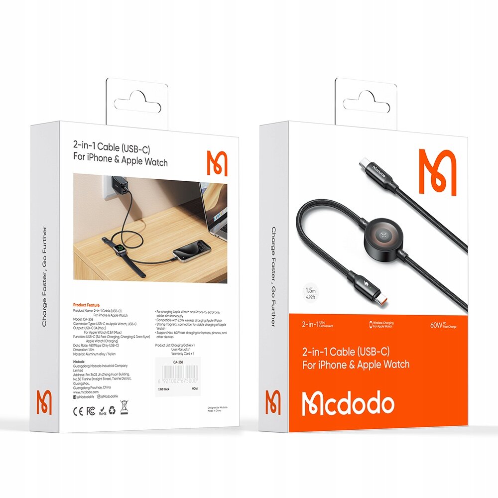 Opakowanie produktu Mcdodo z kablem 2-w-1 (Lightning) do iPhone i Apple Watch. Widoczne logo Mcdodo oraz zdjęcie kabla z ładowarką indukcyjną.