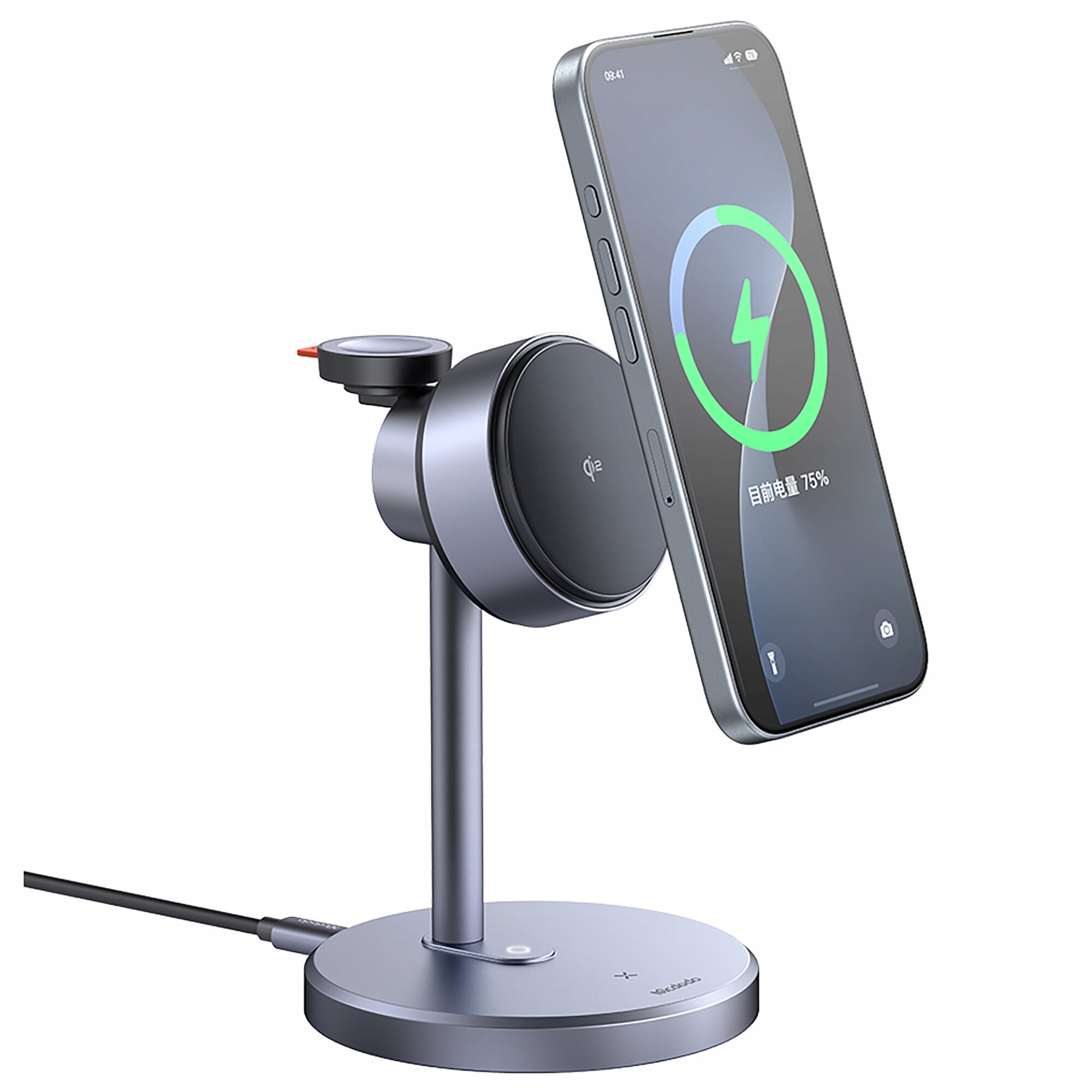 Na obrazie widoczna jest stacja dokująca z ładowarką indukcyjną, na której umieszczony jest smartfon z wyświetlonym symbolem ładowania i tekstem \'75%\'. Urządzenie ma metaliczny wygląd i jest podłączone kablem zasilającym.