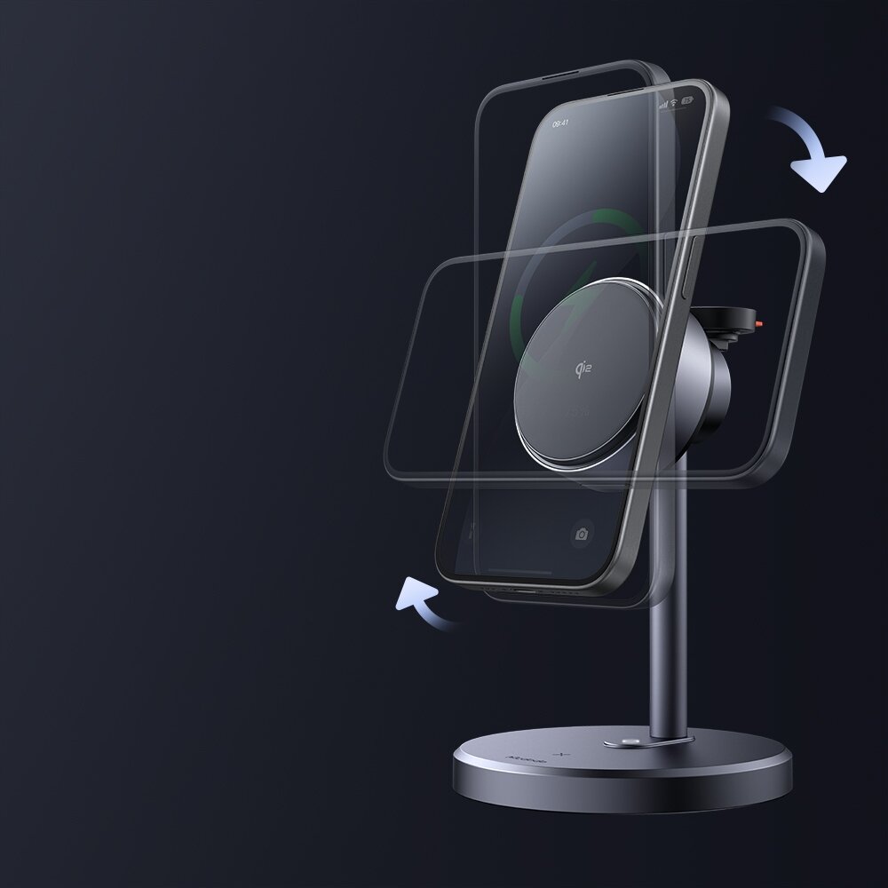 Obraz przedstawia stację dokującą z funkcją ładowania indukcyjnego, na której umieszczony jest telefon. Widać logo \'Qi\' na powierzchni ładowarki oraz strzałki wskazujące możliwość regulacji pozycji telefonu.
