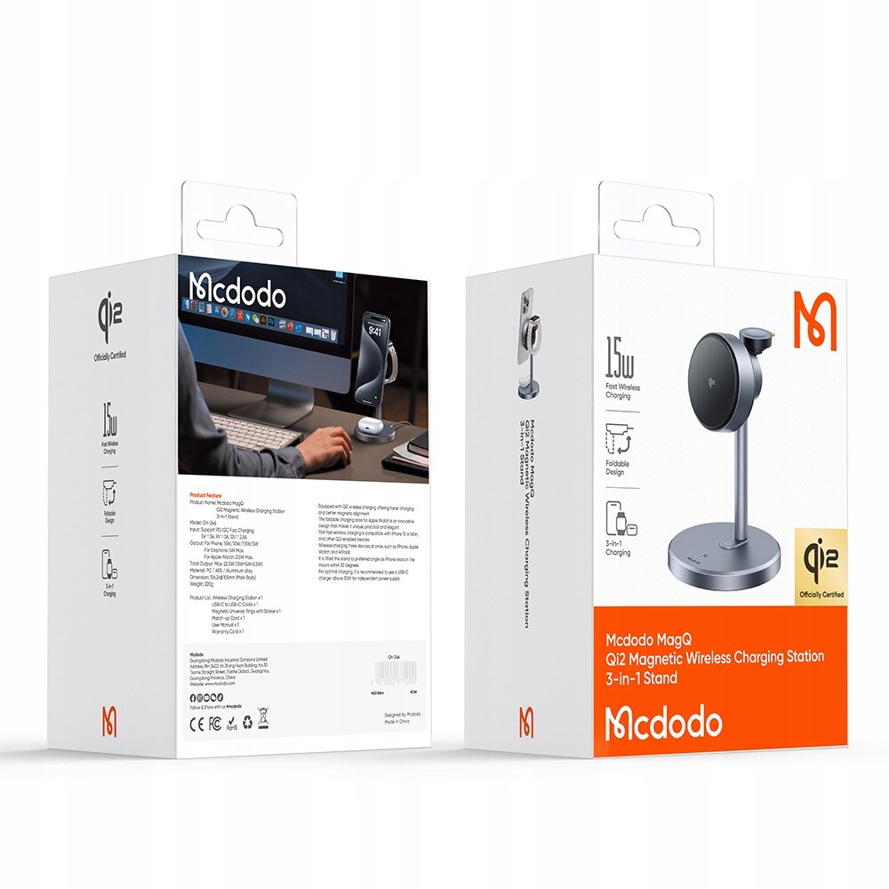 Opakowanie produktu Mcdodo MagQ Qi2 Magnetic Wireless Charging Station 3-in-1 Stand z widocznym logo Mcdodo i oznaczeniem Qi2. Na opakowaniu znajdują się informacje o funkcjach ładowania bezprzewodowego 15W oraz składanej konstrukcji.