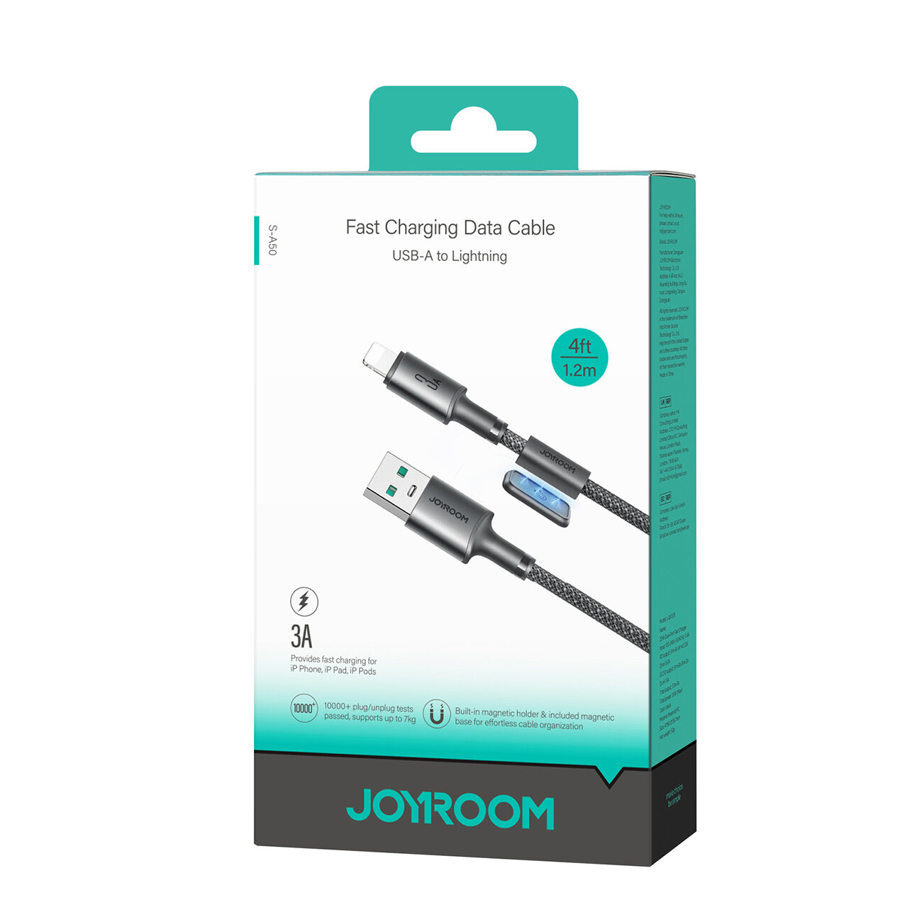 Opakowanie kabla do szybkiego ładowania USB-A do Lightning o długości 1,2 m, z logo Joyroom. Na opakowaniu widnieje informacja o przepustowości 3A i wbudowanym magnetycznym uchwycie.