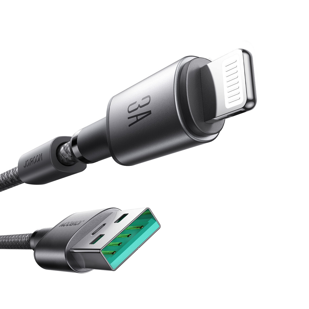 Obraz przedstawia szary kabel USB-Lightning z metalowymi końcówkami. Na jednej z końcówek widoczny jest napis \'3A\', a na drugiej \'JOYROOM\'.