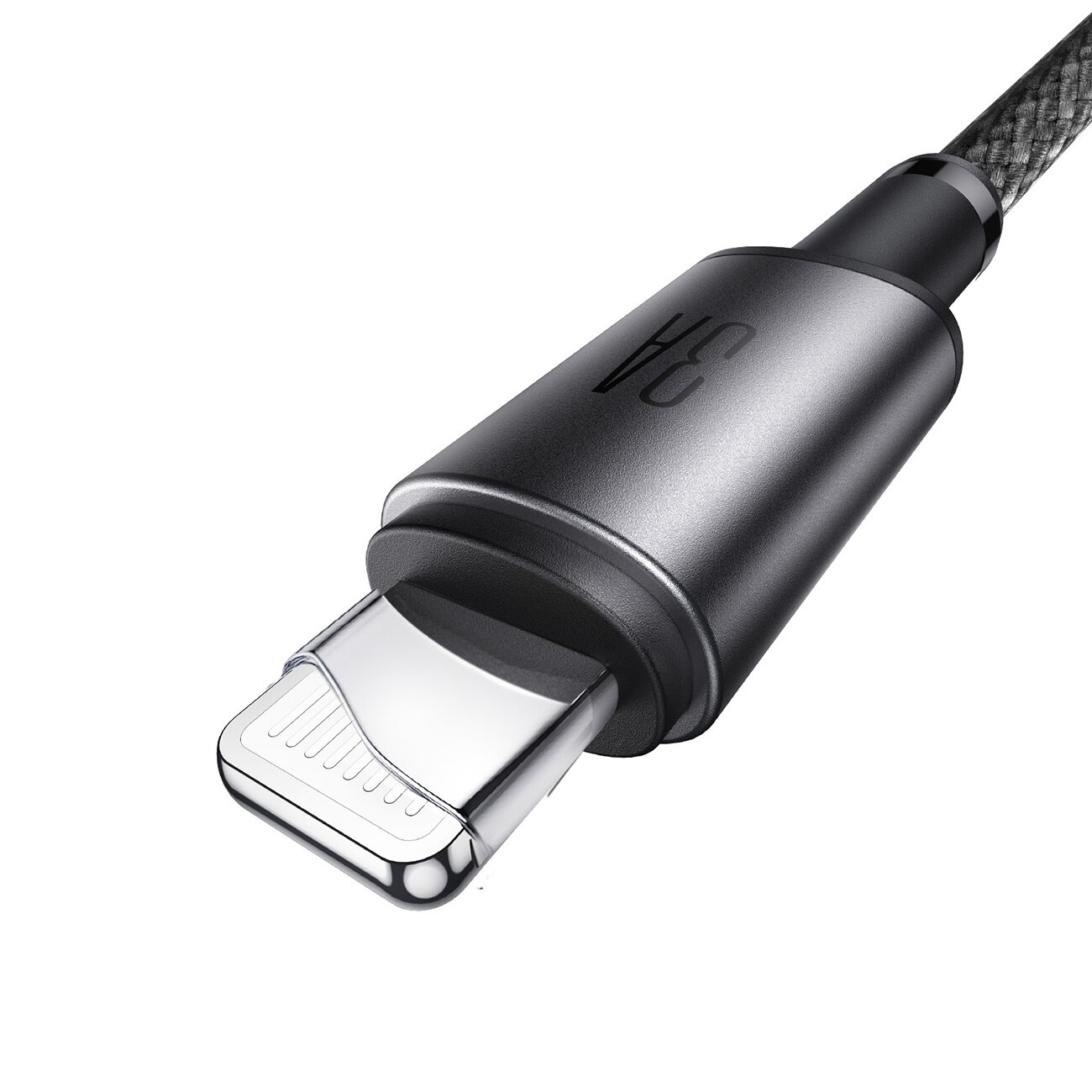 Zbliżenie na końcówkę kabla USB-C Lightning w kolorze szarym z widocznym napisem \'30W\'.