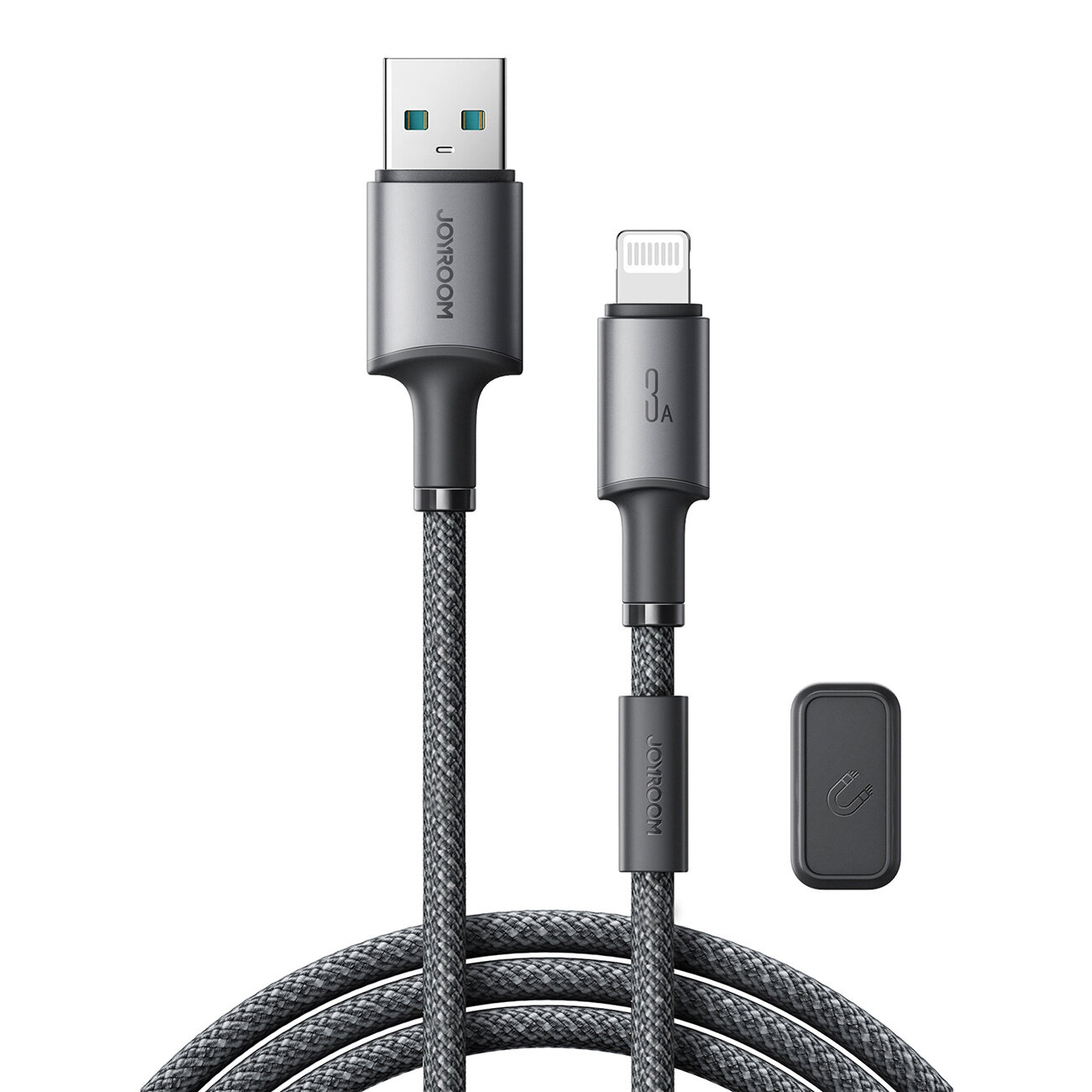 Na obrazie widoczny jest szary kabel USB z końcówką Lightning oraz dodatkowy element. Na wtyczce USB znajduje się napis \'JOYROOM\'.