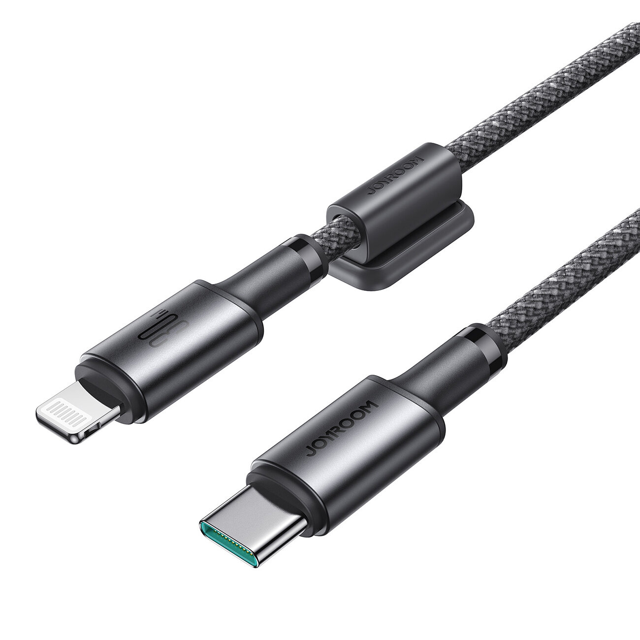 Na obrazie widoczny jest szary kabel z końcówkami USB-C i Lightning. Na jednej z końcówek znajduje się napis \'JOYROOM\'.