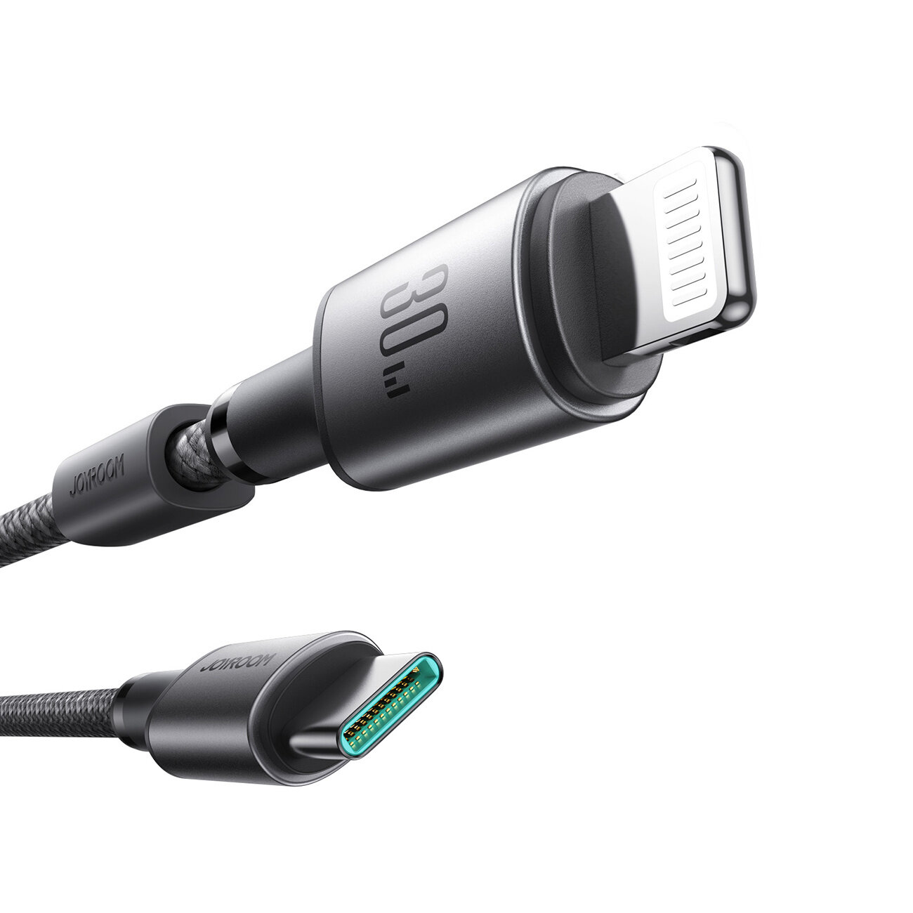 Obraz przedstawia szary kabel z końcówkami USB-C i Lightning. Na jednej z końcówek widoczny jest napis \'30W\'.