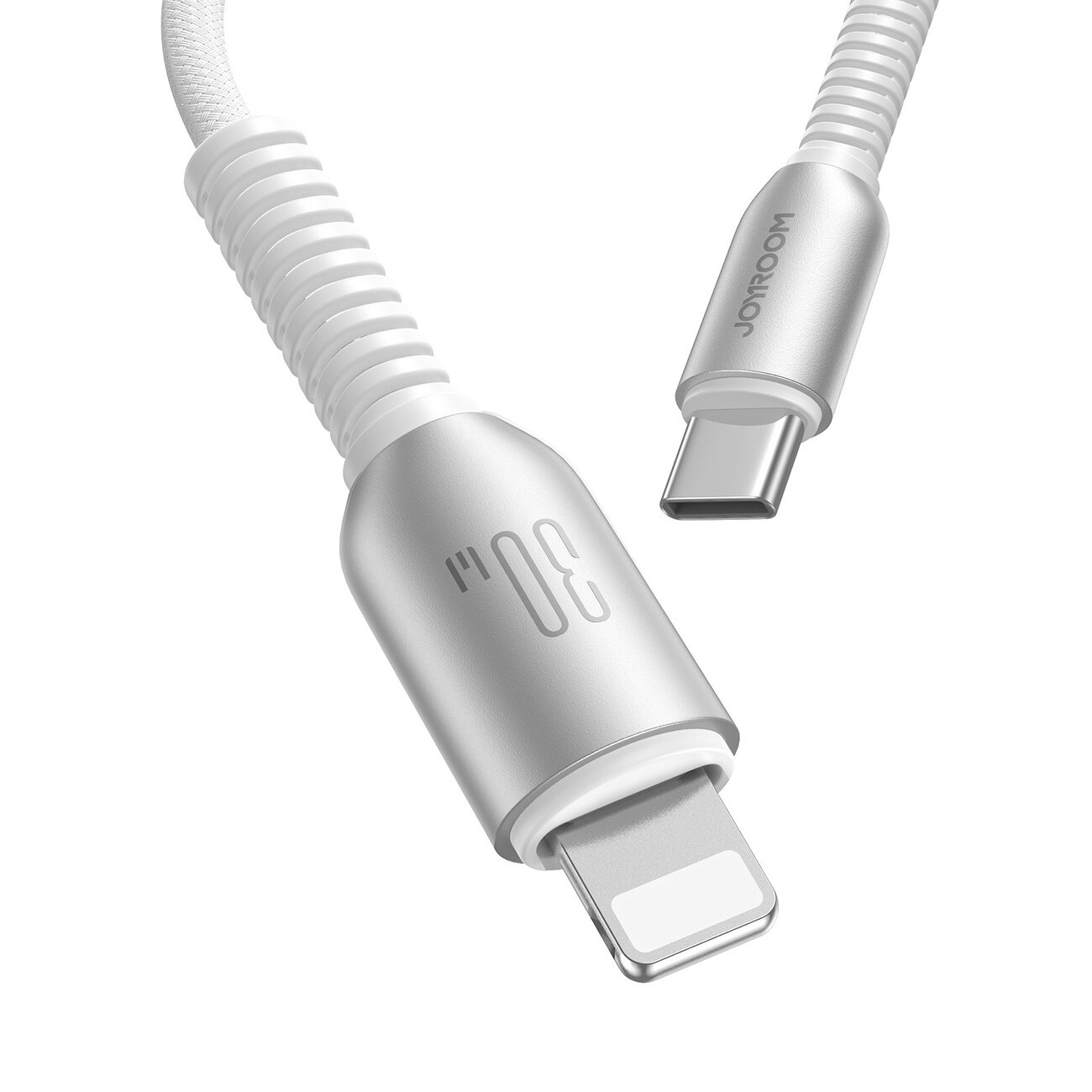 Obraz przedstawia szary kabel z dwoma końcówkami: USB-C i Lightning. Na jednej z końcówek widoczny jest napis \'30W\', a na drugiej \'JOYROOM\'.