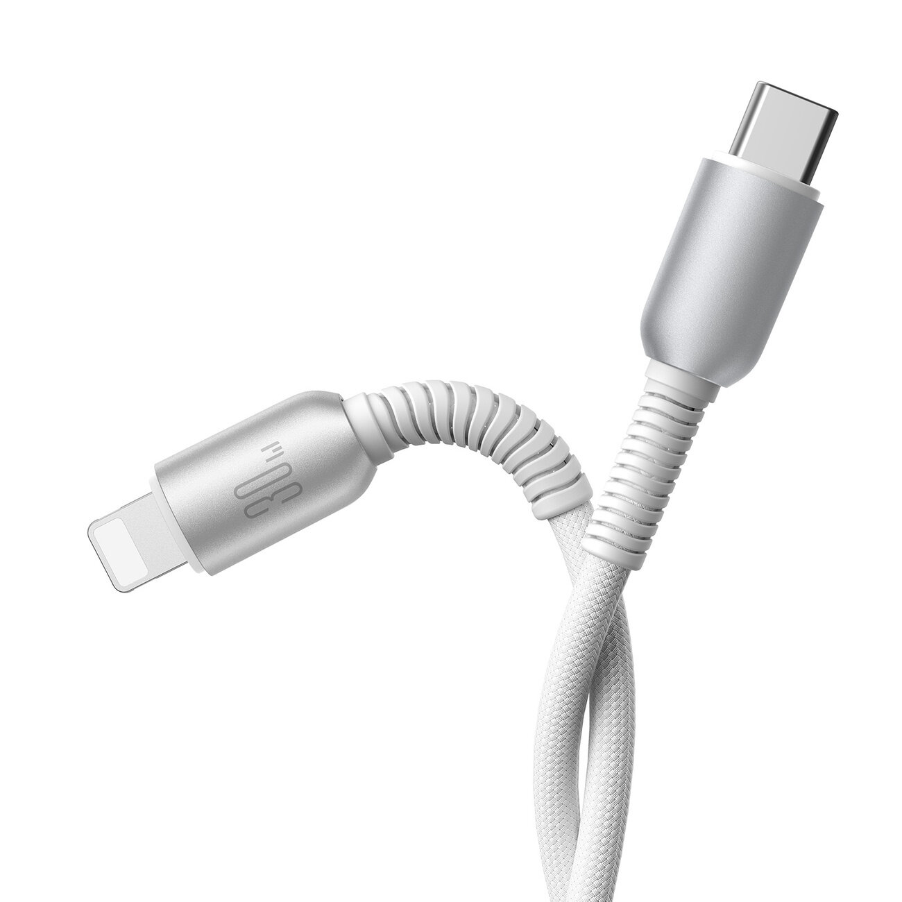 Na obrazie widoczny jest szary kabel z końcówkami USB-C i Lightning. Na jednej z końcówek znajduje się oznaczenie \'30W\'.