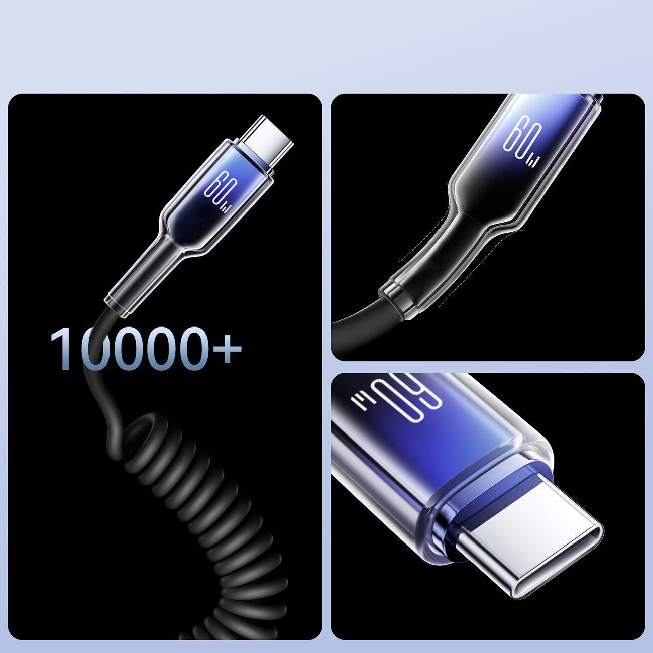 Obraz przedstawia kabel USB-C z niebieskim oznaczeniem \'60W\' na końcówce. Widoczny jest również tekst \'10000+\'.