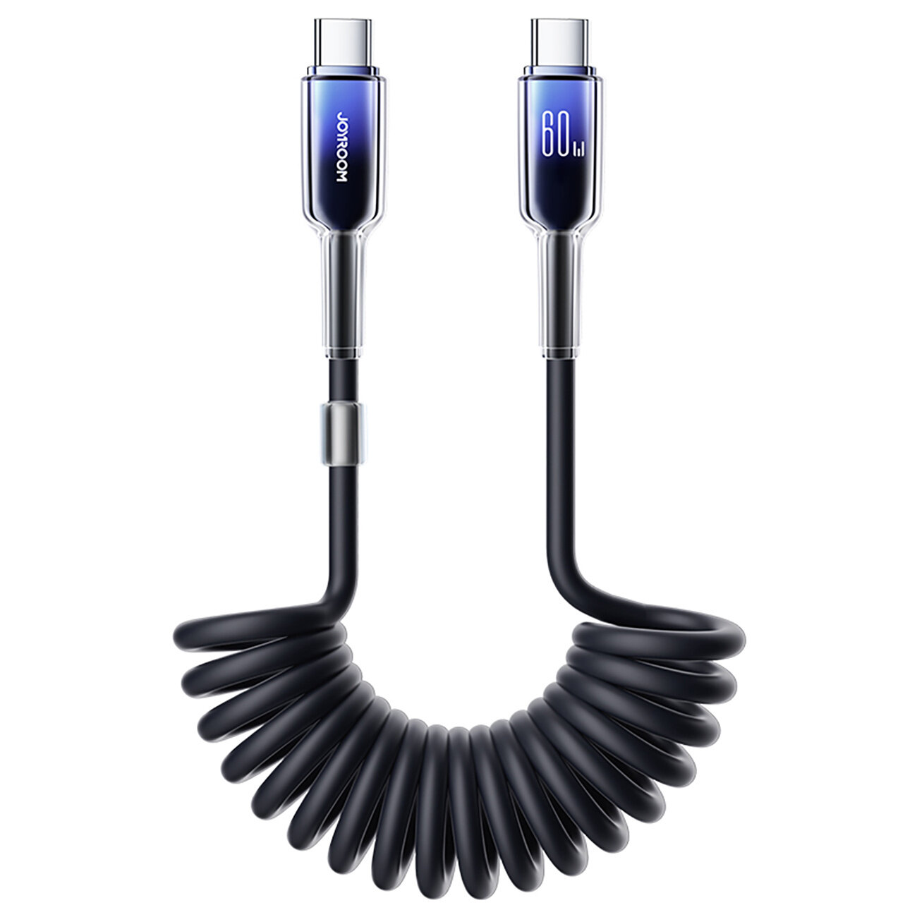 Czarny kabel USB-C - USB-C o spiralnym kształcie z metalicznymi końcówkami, na jednej z nich widoczny napis \'Joyroom\', a na drugiej \'60W\'.