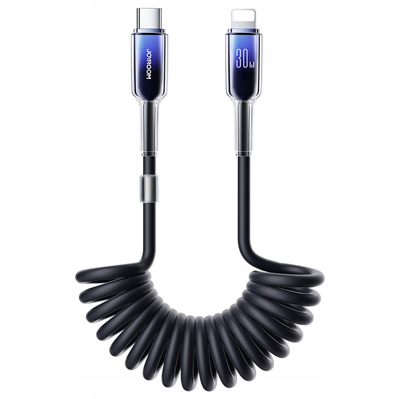 Obraz przedstawia czarny kabel USB-C do Lightning w formie sprężyny spiralnej. Na końcówkach kabla widoczne są napisy: \'30W\' i logo \'JOYROOM\'.