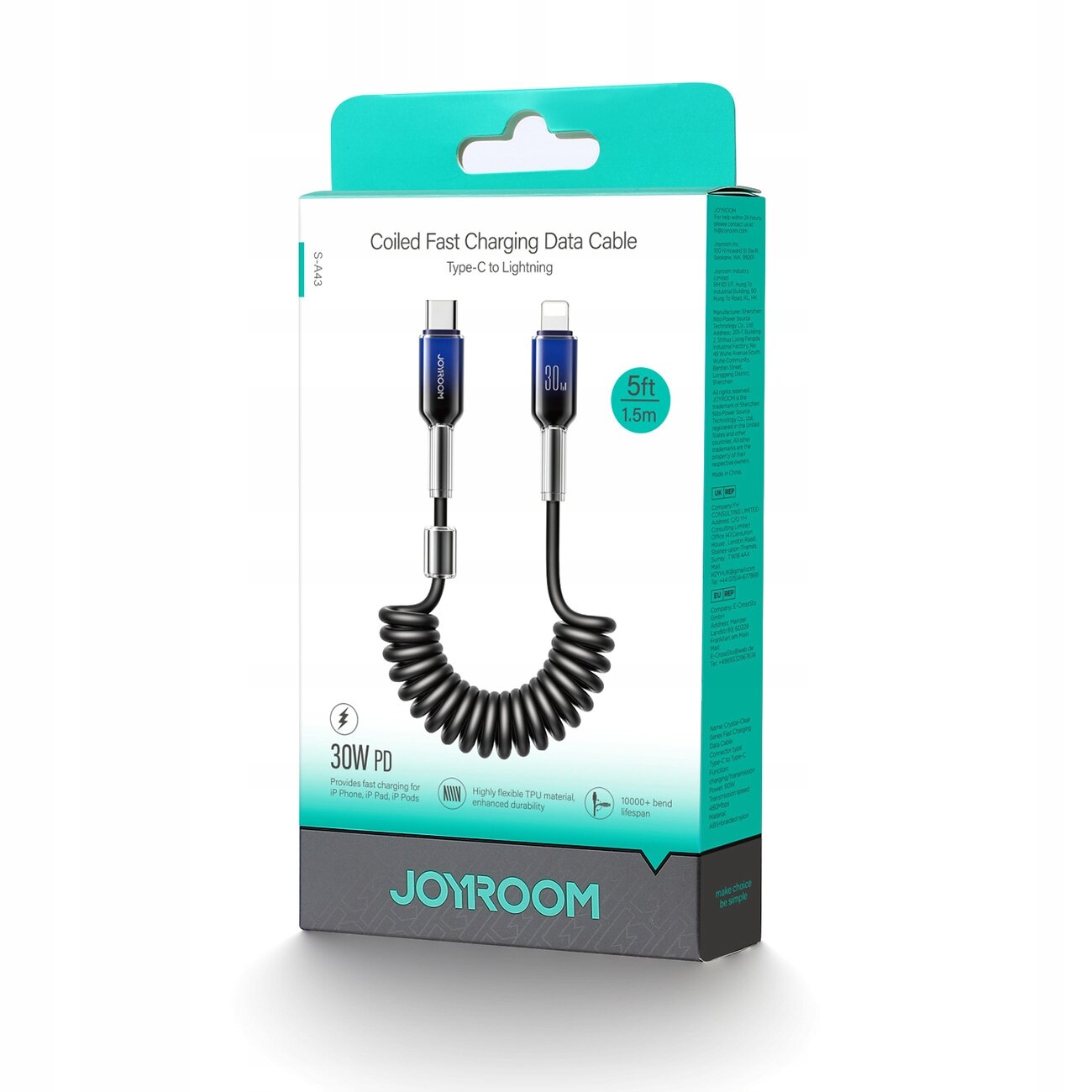 Opakowanie kabla do szybkiego ładowania z końcówkami USB-C i Lightning, z widocznym spiralnym kablem. Na opakowaniu widnieje napis \'Coiled Fast Charging Data Cable Type-C to Lightning\' oraz logo \'JOYROOM\'.