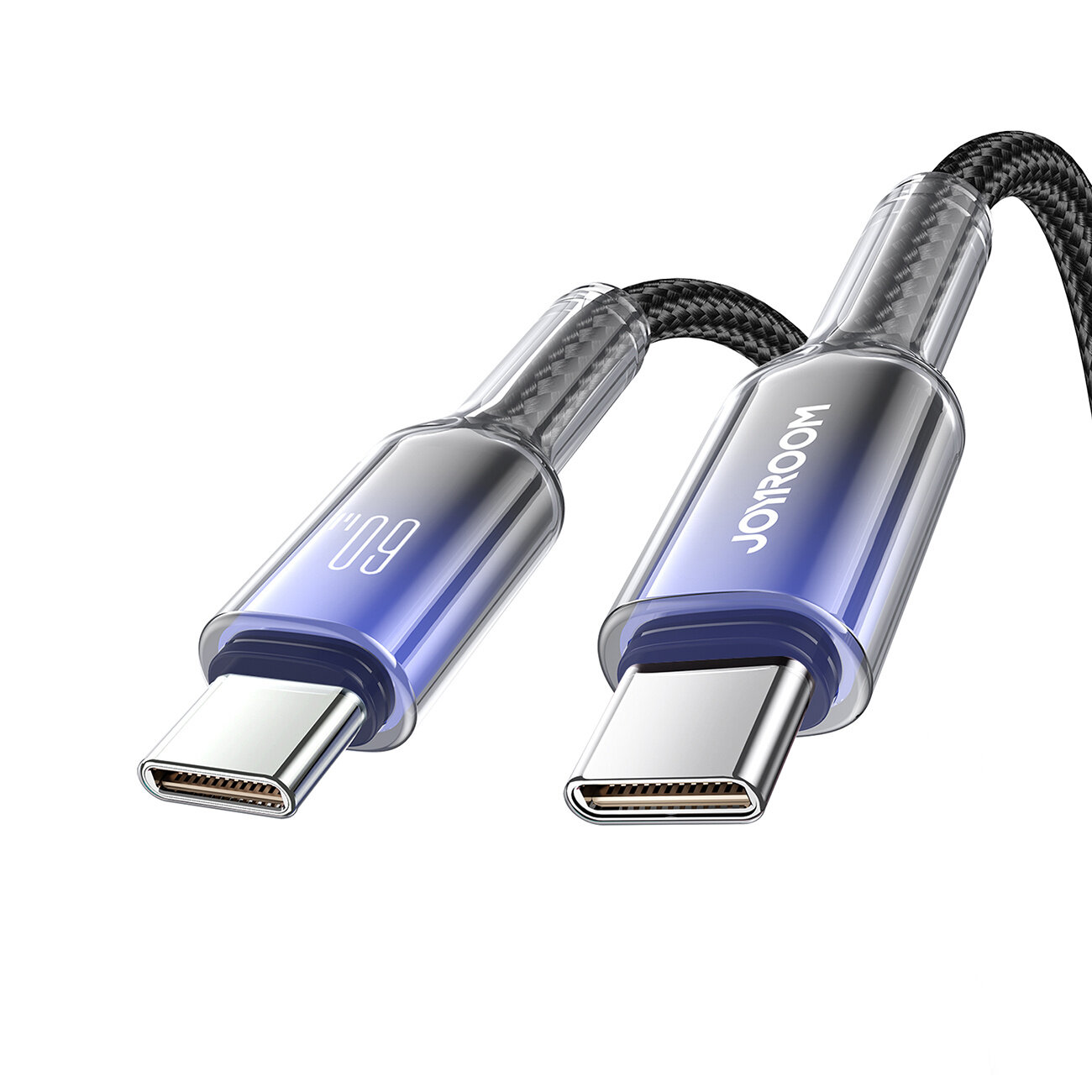 Na obrazie widoczny jest czarny kabel USB-C z metalicznymi końcówkami, na których znajduje się napis \'Joyroom\' oraz oznaczenie \'60W\'.