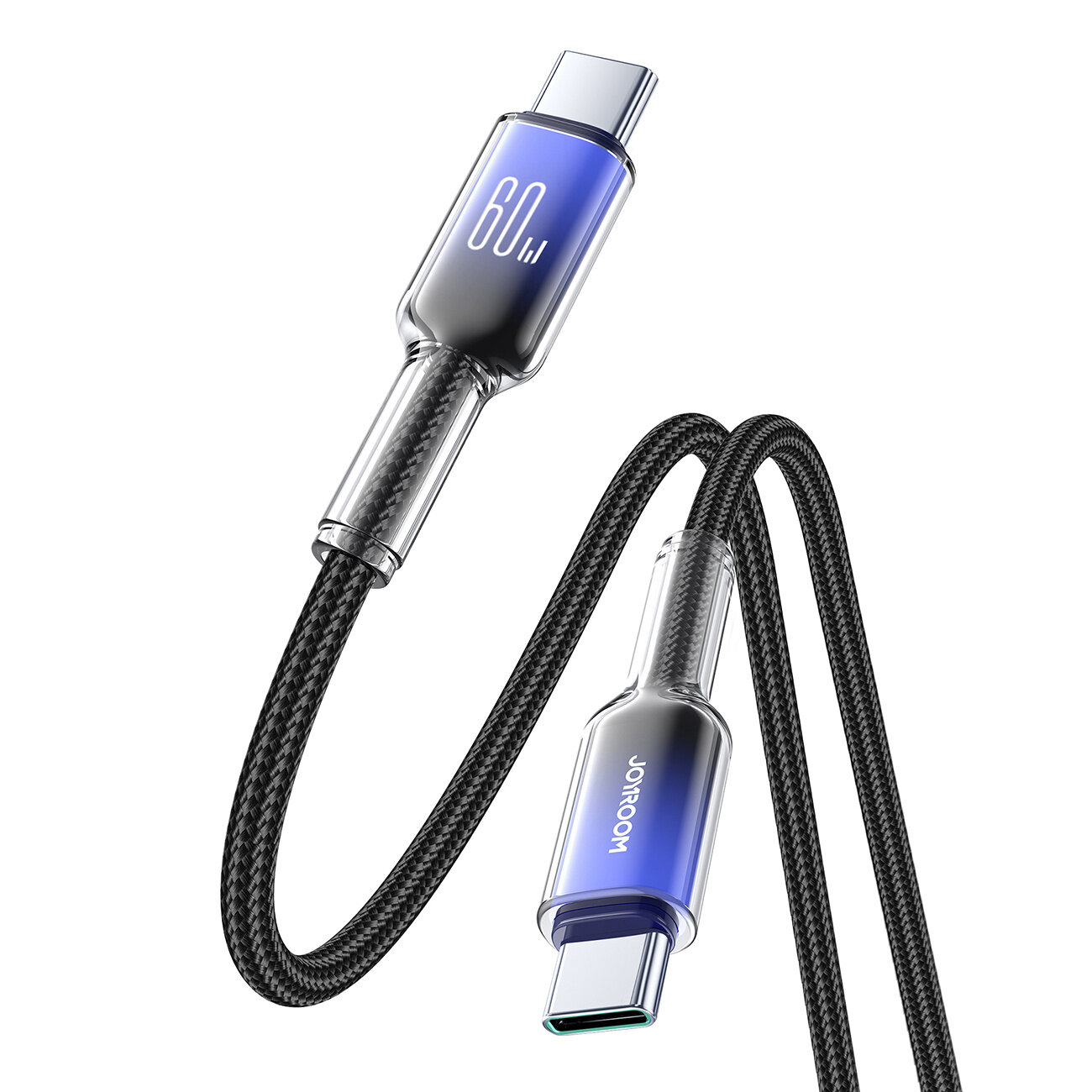 Na obrazie widoczny jest czarny kabel USB-C z metalicznymi końcówkami, na jednej z nich widnieje napis \'60W\', a na drugiej \'JOYROOM\'.
