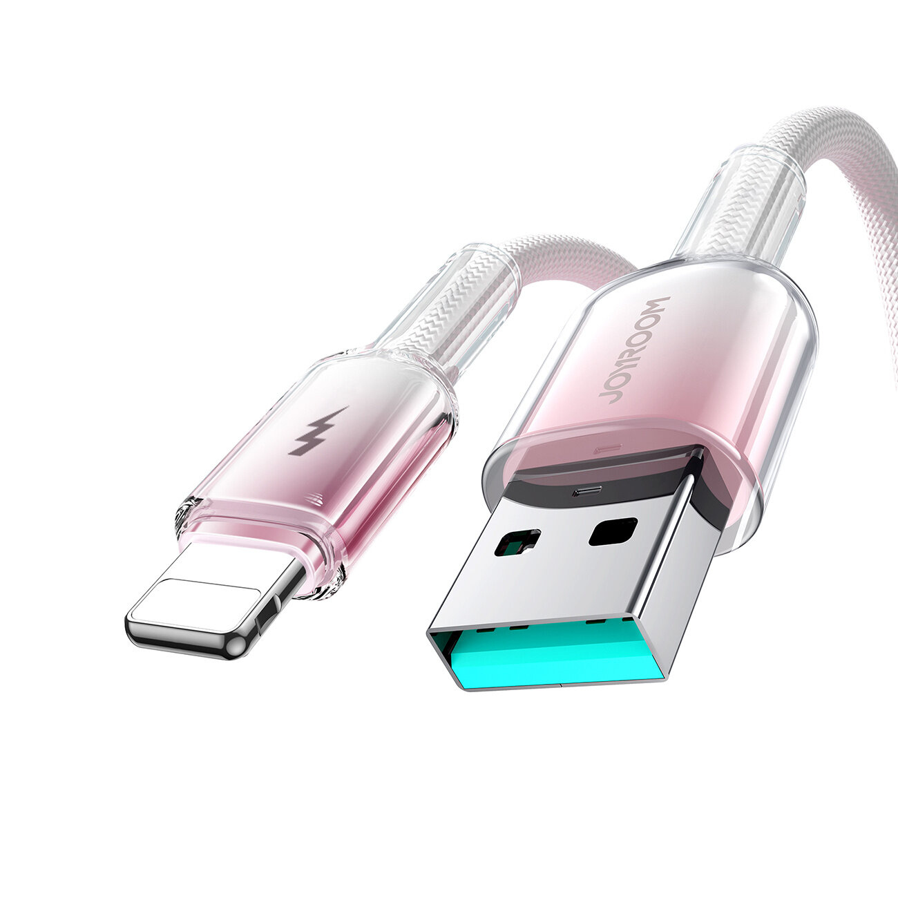 Obraz przedstawia kabel USB-A z końcówką Lightning, z przezroczystymi różowymi osłonami. Na wtyczce USB widoczne jest logo \'JOYROOM\'.