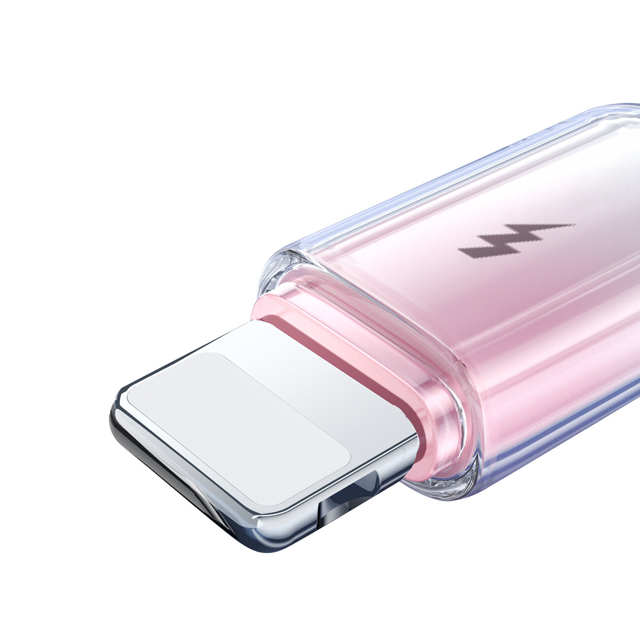 Zbliżenie na końcówkę kabla USB z metalicznym wykończeniem i przezroczystą, różową obudową. Na obudowie widoczny jest symbol błyskawicy.
