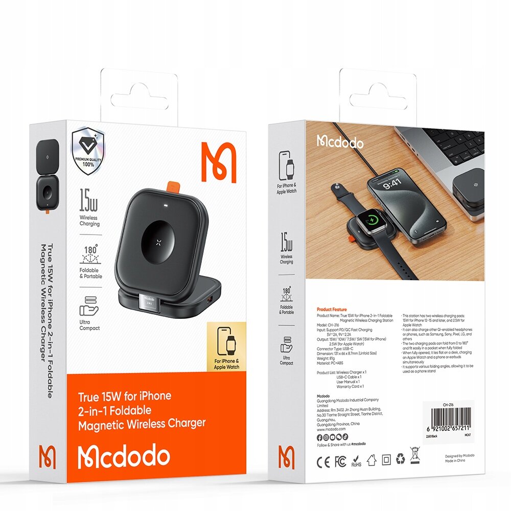 Opakowanie produktu Mcdodo z ładowarką indukcyjną 15W do iPhone i Apple Watch, z funkcją składania i przenoszenia. Widoczne są zdjęcia ładowarki oraz informacje o jej funkcjach i kompatybilności.