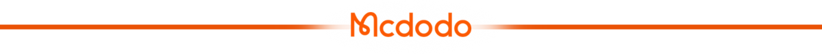 Logo \'Mcdodo\' w kolorze pomarańczowym, umieszczone pomiędzy dwoma cienkimi liniami w tym samym kolorze.