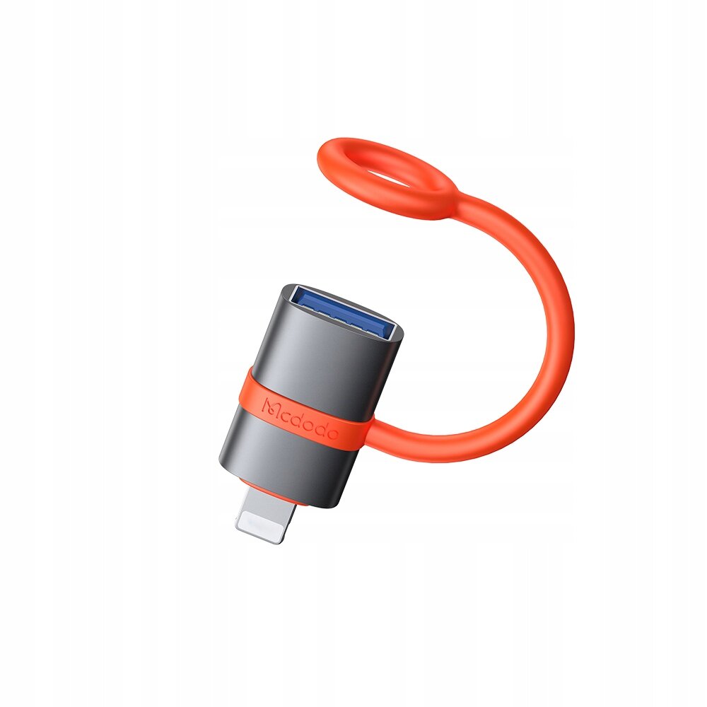 Na obrazie widoczny jest adapter USB-A 3.0 do Lightning z szarym korpusem i pomarańczowym kablem. Na adapterze znajduje się napis \'Mcdodo\'.