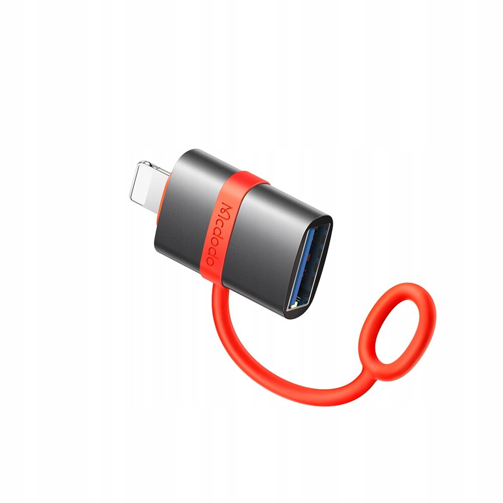 Na obrazie znajduje się adapter USB-A 3.0 do Lightning z czerwonym kablem i czarną obudową. Na obudowie widoczny jest napis \'Mcdodo\'.