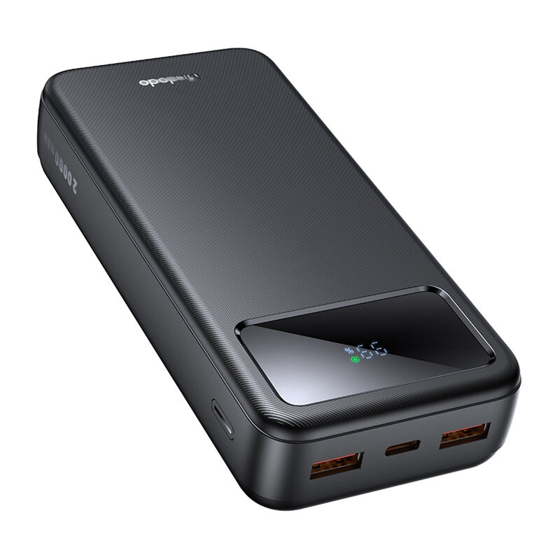 Czarny power bank z wyświetlaczem cyfrowym pokazującym poziom naładowania. Na obudowie widoczne jest logo \'mcdodo\' oraz napis \'20000mAh\'.