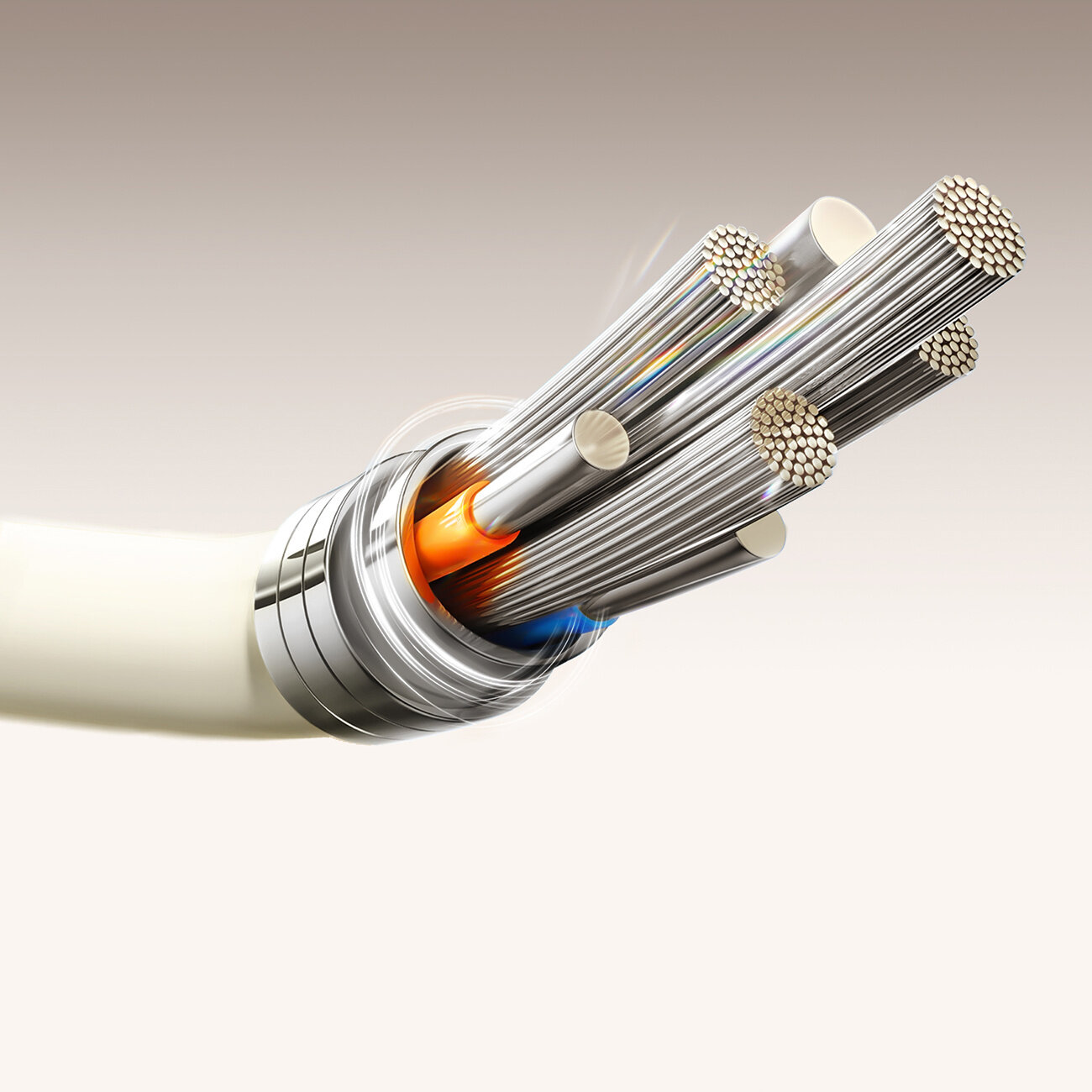 Obraz przedstawia przekrój kabla z widocznymi metalowymi przewodami i kolorowymi izolacjami wewnętrznymi. Kabel ma zewnętrzną białą osłonę.