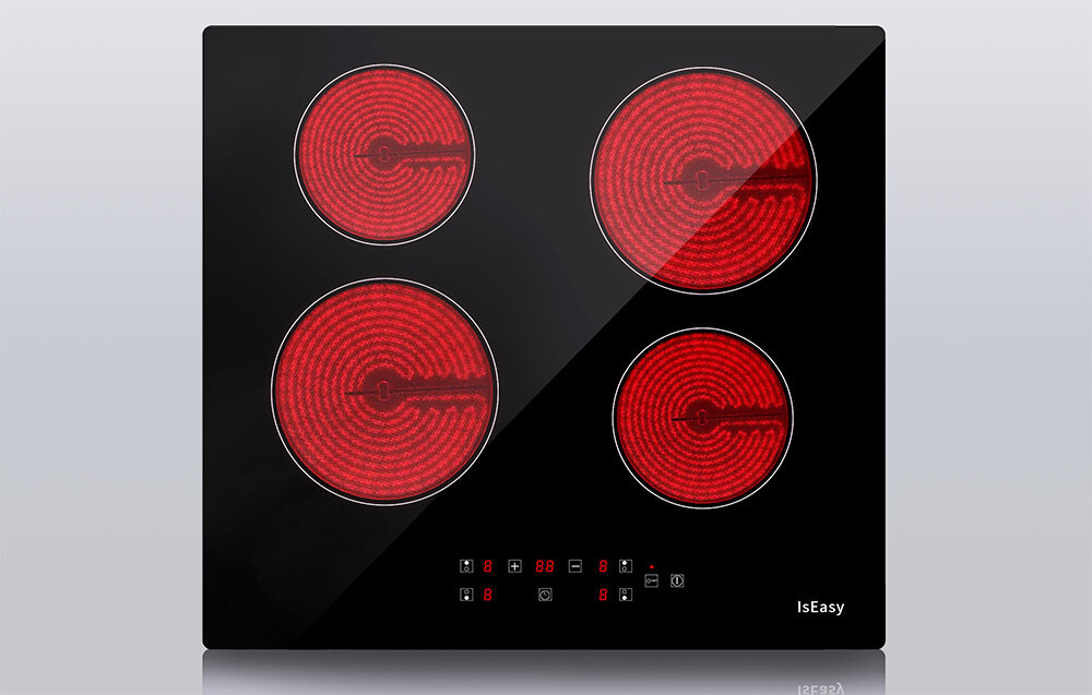 PŁYTA CERAMICZNA ISEASY T4-04 Płyta grzewcza prezentuje cztery czerwone strefy promiennikowe wyróżniające się na czarnej powierzchni. Panel dotykowy pod spodem umożliwia ustawienie poziomu grzania