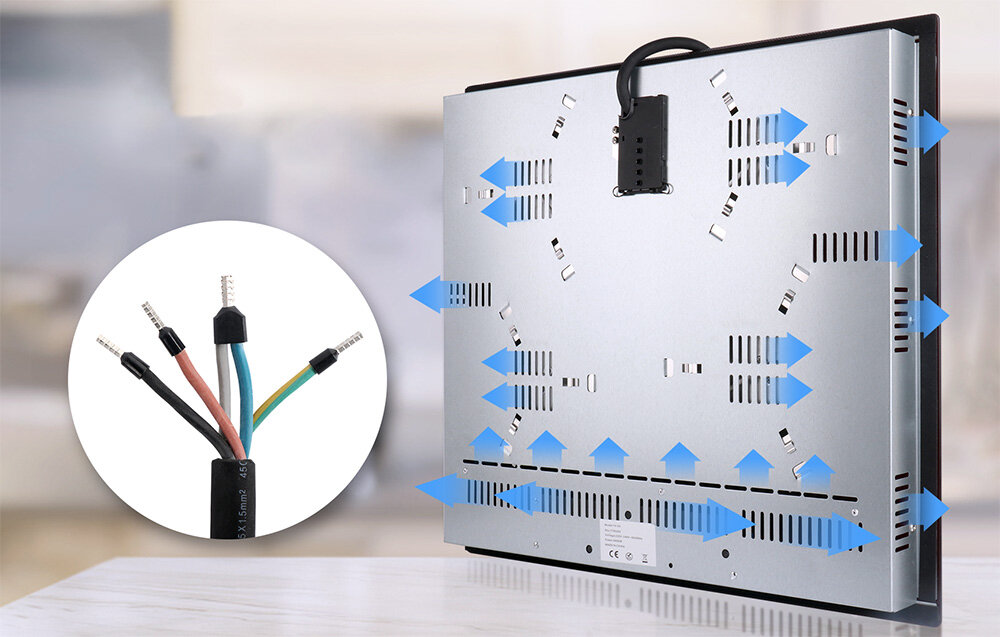 PŁYTA CERAMICZNA ISEASY T4-04 Widok od spodu płyty grzewczej ukazuje otwory wentylacyjne i kierunek przepływu powietrza oznaczony niebieskimi strzałkami. Obok znajduje się zbliżenie przewodów podłączeniowych płyta ceramiczna różne naczynia uniwersalna