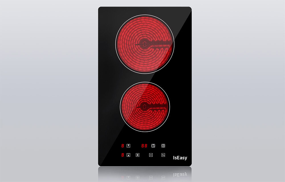 Płyta ceramiczna ISEASY T2V-01M Płyta grzewcza z dwiema czerwonymi strefami promiennikowymi prezentuje czytelny panel dotykowy. Jej powierzchnia kontrastuje z jasnym tłem
