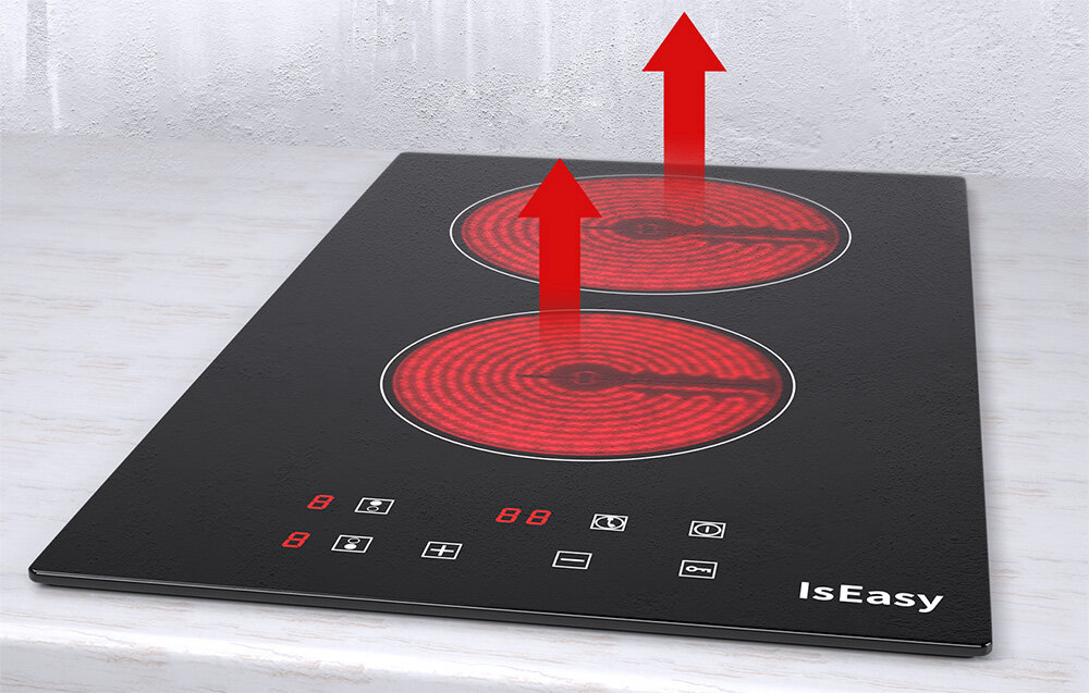 Płyta ceramiczna ISEASY T2V-01M Płyta grzewcza z dwiema czerwonymi strefami promiennikowymi emituje ciepło, symbolizowane czerwonymi strzałkami skierowanymi ku górze. Powierzchnia jest gładka i jednolita płyta ceramiczna różne naczynia uniwersalna naczynia żeliwne emaliowane ceramiczne miedziane stal nierdzewna