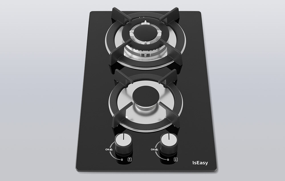 PŁYTA GAZOWA ISEASY MGBG-312A Płyta gazowa z dwoma palnikami prezentuje solidne ruszty i prosty układ pokręteł. Całość osadzona jest na czarnym panelu o gładkiej powierzchni