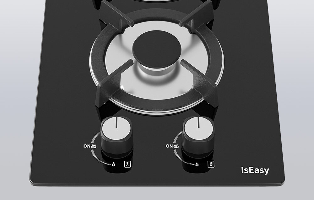 PŁYTA GAZOWA ISEASY MGBG-312A Zbliżenie pokazuje dolny palnik oraz dwa pokrętła umożliwiające regulację płomienia. Czarny panel odbija światło, podkreślając wykończenie urządzenia regulacja mocy palnik 3300W palnik 1000W smażenie duszenie