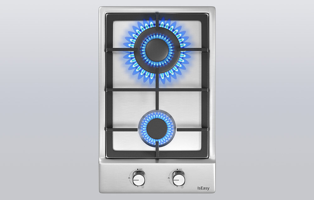 Płyta gazowa ISEASY MGBS-312A Płyta gazowa prezentuje dwa palniki o językach niebieskiego płomienia. Urządzenie ma prosty układ pokręteł i metalową powierzchnię