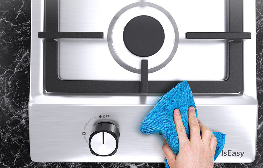Płyta gazowa ISEASY MGBS-312A Dłoń przeciera powierzchnię płyty gazowej miękką ściereczką. Gładka struktura metalu ułatwia szybkie czyszczenie Łatwe czyszczenie zdejmowane ruszty gładka powierzchnia stalowa szybkie mycie estetyczny wygląd