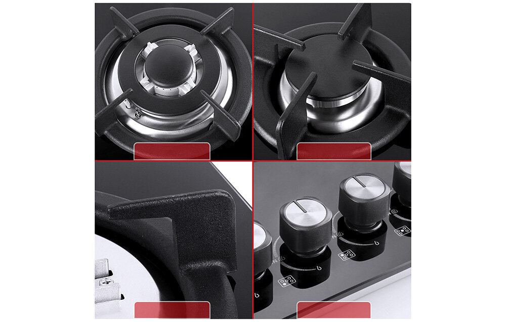 Płyta gazowa ISEASY MGBG-775 Cztery zbliżenia ukazują detale palników, żeliwnych rusztów i pokręteł sterujących. Metalowe elementy kontrastują z ciemnym szkłem płyty ergonomiczne pokrętła stabilne ruszty kontrola ognia bezpieczne gotowanie