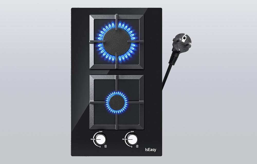 PŁYTA GAZOWA ISEASY MGBG-312S2C Płyta gazowa z dwoma palnikami emituje równy, niebieski płomień widoczny na czarnym panelu. Obok znajduje się przewód z wtyczką przygotowany do podłączenia
