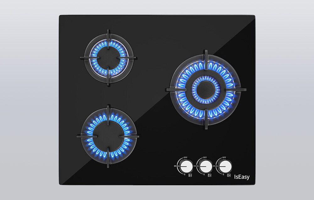 Płyta gazowa ISEASY MGBG-603 Trzy palniki emitują intensywny, niebieski płomień widoczny na tle czarnego szkła. Układ urządzenia podkreśla przejrzyste rozmieszczenie pokręteł