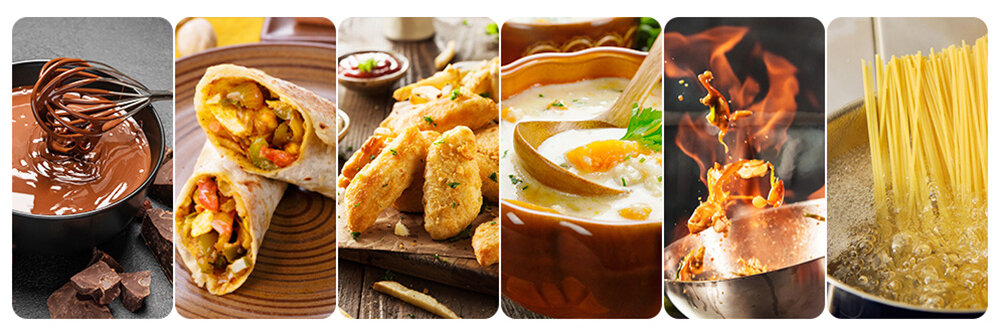 Płyta gazowa ISEASY MGBG-603 Zestaw zdjęć przedstawia różne potrawy, od deserów po dania smażone i gotowane. Kompozycja podkreśla szeroki zakres dań, które można przygotować na kuchence gazowej regulacja mocy intensywność płomienia smażenie duszenie oszczędność czasu